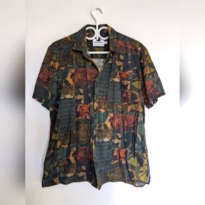 Short Sleeve Button Up with Squared Leaf and Floral Pattern